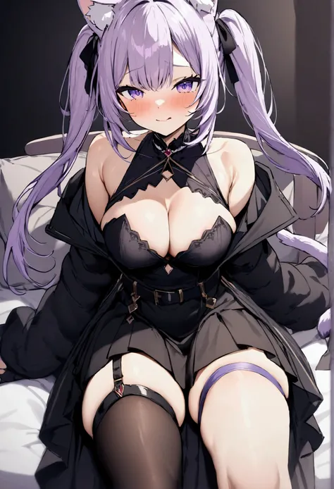 NSFW,masterpiece,Highest quality,High resolution,Very detailed,Cat porridge(Hololive),Purple Hair,Short Hair,Cat ear,tail,Purple Eyes,Black jacket、Off the shoulder、Single knee-high、Black Skirt、turtleneck、Diamond Cutout、Cleavage cutout、belt、Thigh straps、Twi...