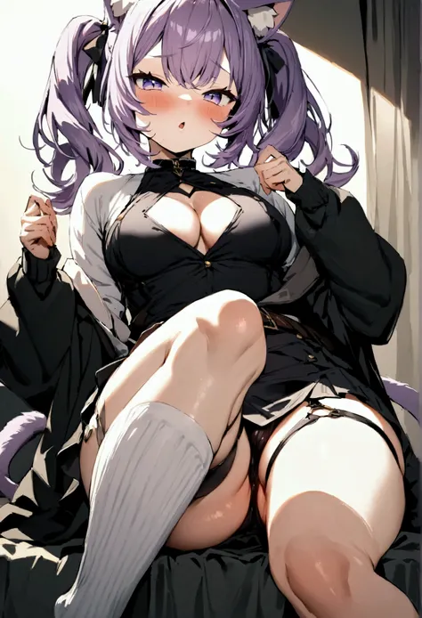 NSFW,masterpiece,Highest quality,High resolution,Very detailed,Cat porridge(Hololive),Purple Hair,Short Hair,Cat ear,tail,Purple Eyes,Black jacket、Off the shoulder、Single knee-high、Black Skirt、turtleneck、Diamond Cutout、Cleavage cutout、belt、Thigh straps、Twi...