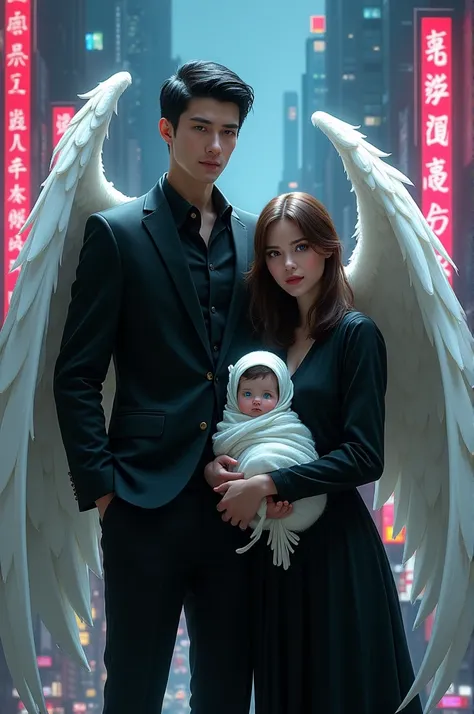 What an image of a man in all black clothes with white bat wings, short black hair, with a woman at his side, brown hair but shorter than him, holding their son in her arms, a baby in a black swimsuit with black bat wings too and blue eyes like his father,...