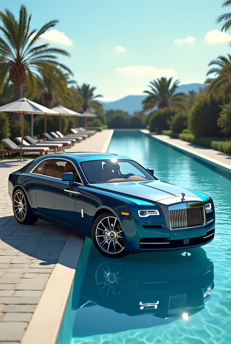 Rolls roys on road blue colour and side of pool