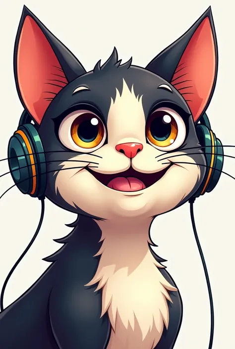 Make a cartoon like cat just showing face and make it very unique and a cool cat using headphone more different 