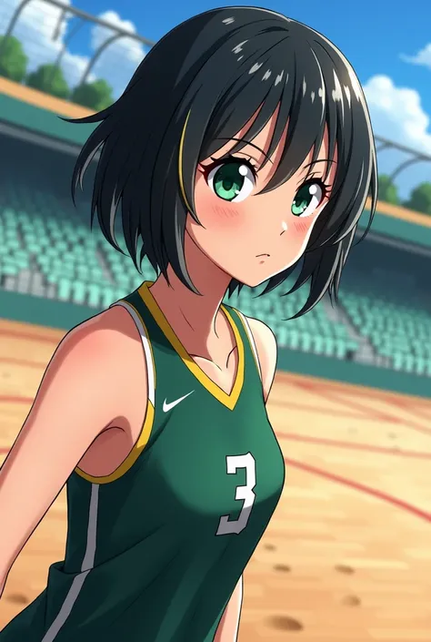 Create a Haikyuu girl with short black hair but with blonde streaks, green eyes and bangs, she has pale skin