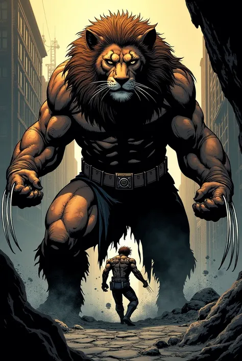 A comic page in 1 panel there was a shadow fo.lion and in 2 panel he apper and he is wearing cloth like wolverene and in 3 panel the wolvere fight with the manstet