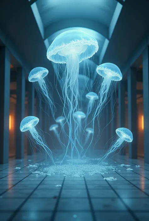 Jellyfish on the floor of a room like a fish all over the floor 
