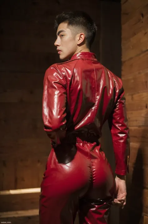 japan man，man,youth，best quality, crisp quality, masterpiece, highest resolution, highly detailed, red latex jumpsuit, handsome ...