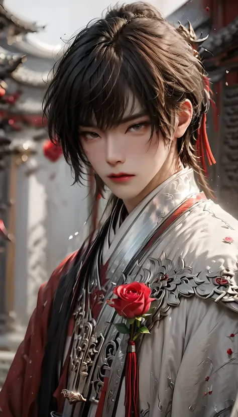 warrior，young man、juvenile、knife、hanfu，robe，handsome face shape，handsome man、lively, silver body armour, biting a red rose in hi...