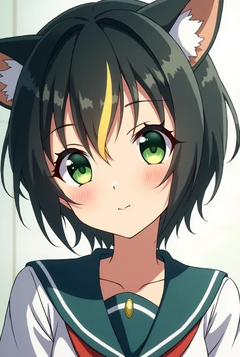 Create a Haikyuu girl with short black hair but with blonde streaks, green eyes and bangs, she has pale skin, cat eyes and make her whiter, put a school uniform on her