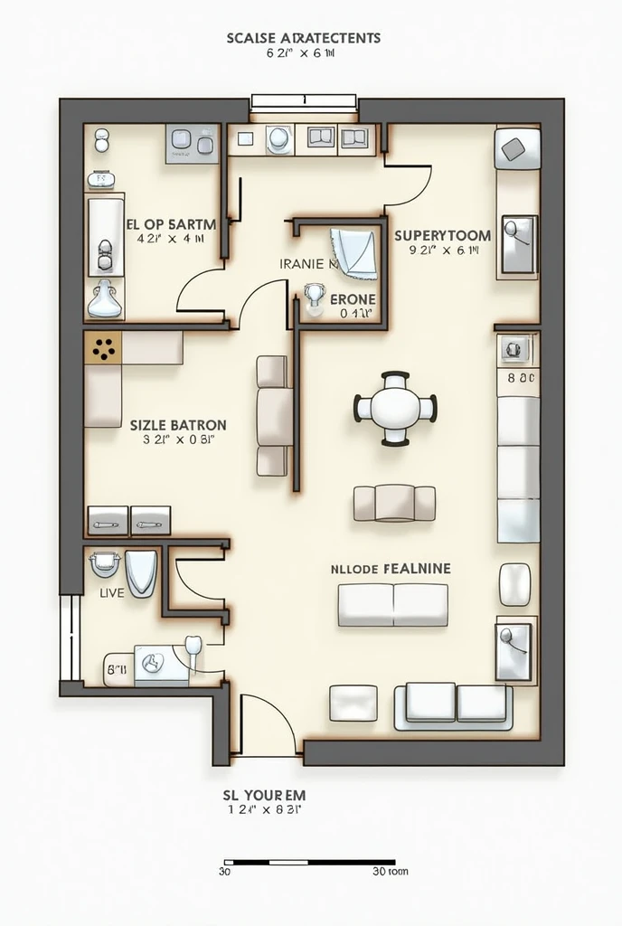 I want to draw an architectural plan for a residential apartment with an area of 6 meters long and 5 meters wide..5 meters with an explanation of each room and writing the area 