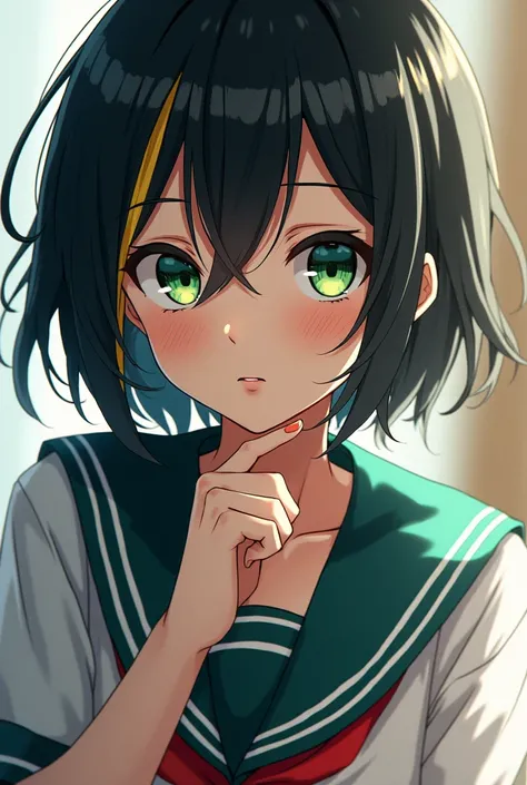 Create a Haikyuu girl with short black hair but with blonde streaks, green eyes and bangs, she has pale skin, cat eyes and make her whiter, put a school uniform on her so that her whole body can be seen