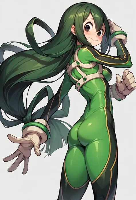 Tsuyu Asui, back, green hair, long hair, blush, pechos medianos, navel, bodysuit, skin tight, superhero