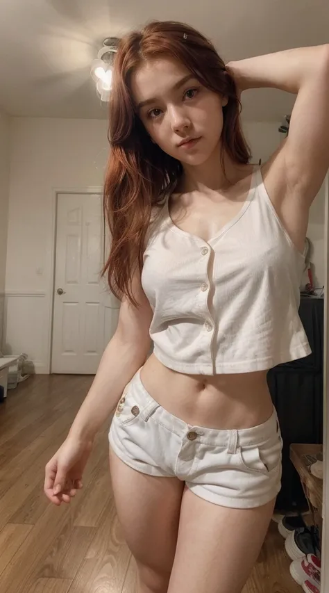 2teenage girl, mongoloid,red hair random styles, wearing random tshirt, livibg room, lifting up white spaghetti tank top, wearing hot pants with opened button, flashing , full body, white sneakers, standing, beautiful innocent face, perfect nose, beautiful...