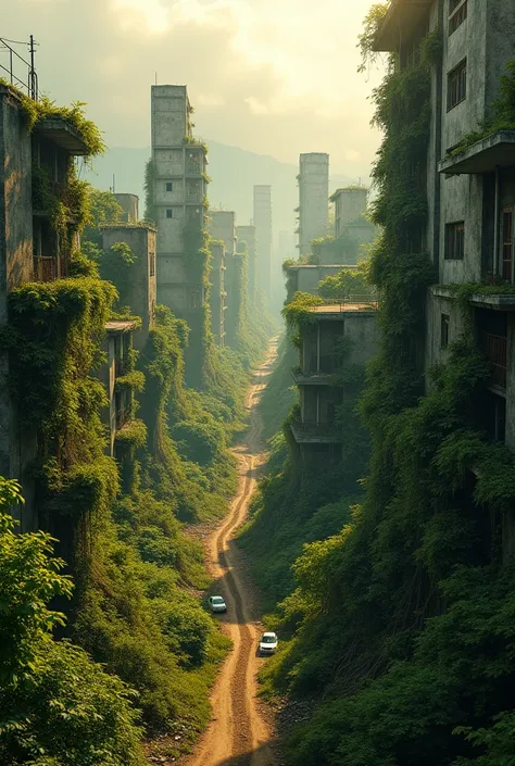 on the canvas, The Colombian countryside expands with determination over the artificial city, showing the gradual but inevitable triumph of nature. Lush vegetation surrounds the concrete buildings, which now seem to crumble under the weight of vines and ro...