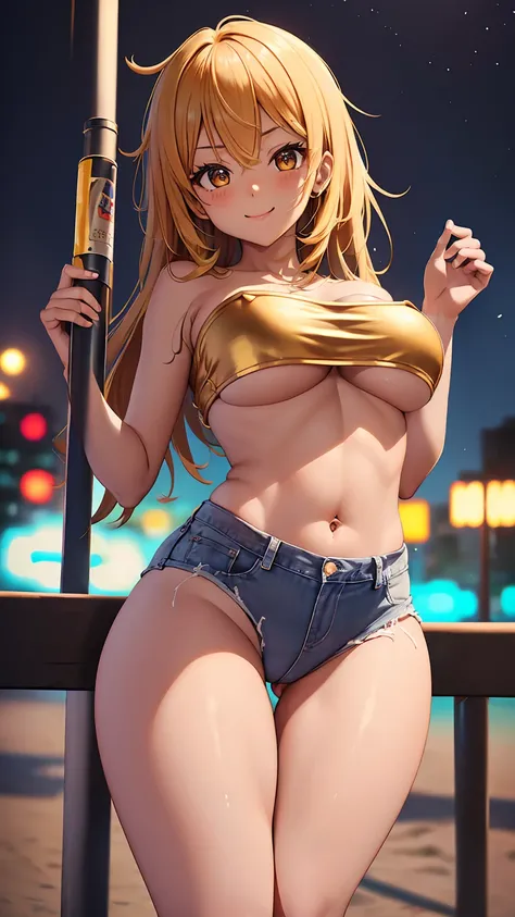 1girl, anime girl, anime, (dark skin), 2d girl, 16y, (fullbody), standing, anime girl, golden eyes, seductive smile, (golden hair), (((mini tube top,strapless,black))) exposed navel, (((underboob view))), Solo, Slim, large breasts, big Breasts, Tight Short...