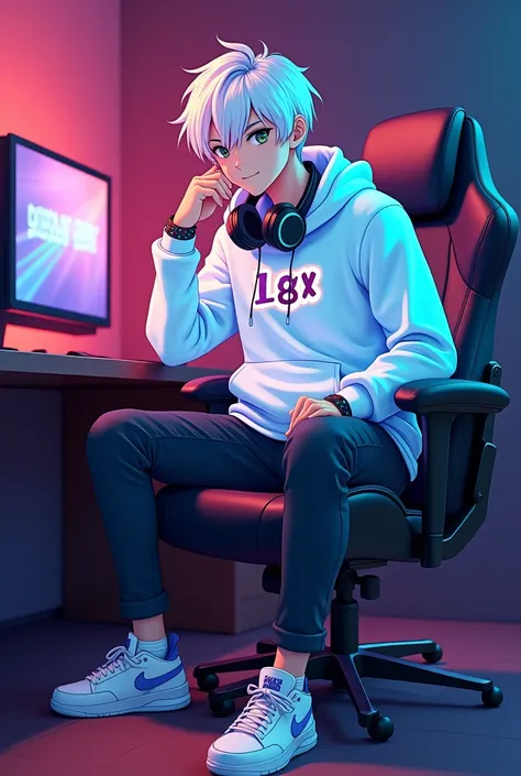 Logo Anime laki laki umur 18 tahun memakai Hoodie putih ada tulisan "LGX" di bagian dada,Hoodie memiliki efek bersinar,memakai sneakers,rambut putih,headphone di leher di kursi gaming sambil bergaya Duduk,1 komputer di samping ada tulisan LORD GAMER X