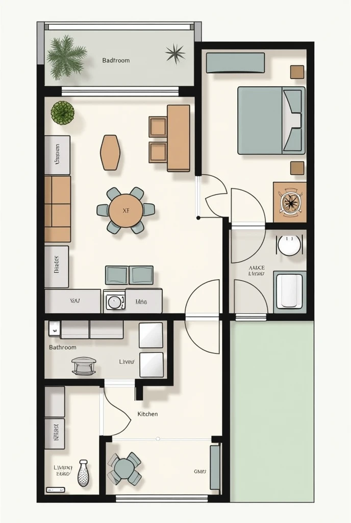 I want to draw an architectural plan for a residential apartment with an area of 6 meters long and 5 meters wide..5 meters with an explanation of each room and writing the area 