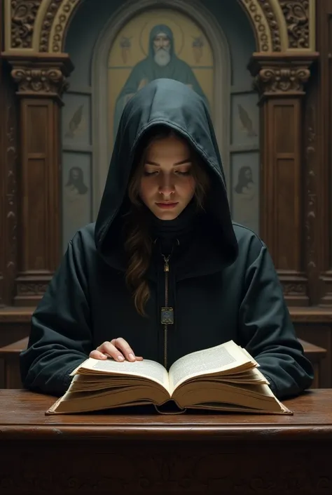 A woman in a seminary, she is reading a book and is wearing a hood