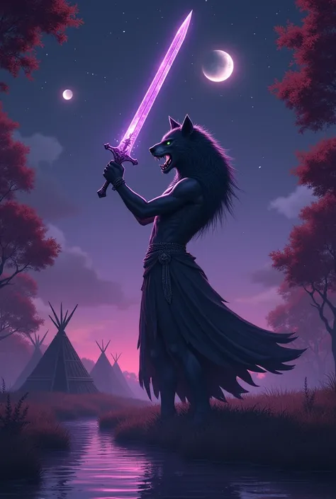 Angry female werewolf with black fur and green eyes, standing in front in a pose of honor holding at head height a shining amethyst crystal sword.  She wears a cloth that when wrapped around her body becomes clothing. SHE is in an open field at night. , cl...