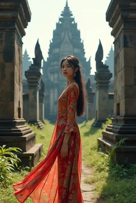 Asian girl wearing traditional kebaya dress at Prambanan temple