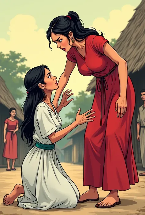 Cartoon poster about 2 village women The 1st woman is wearing a red dress and the 1st woman is wearing a white dress The woman wearing the red dress is oppressing or angry angry at the woman Using the white dress and the woman wearing the white dress is kn...