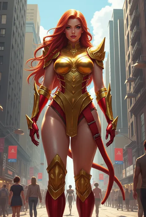 tall woman. 30years , Caucasian skin , super heroina , Quenn maive , Queen Meive , the boys , standing in the middle of the city big breasts , wearing gold armor , naked legs , red boots , tails , russet hair 