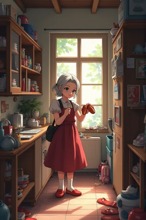 An old woman inside a house full of shoes and slippers, anime styling., holding a pair of slippers