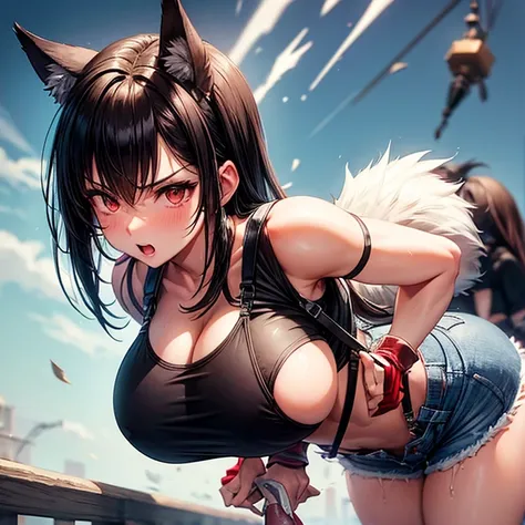 Wolf-eared girl　Tifa Lockhart
　Shorts　　Tank top　hoodie　jeans　　Attractive ass　Big penis　attractive vagina　Large Breasts　suspenders　　Female freestyle wrestlers push each other to the ground　milking　Spanking　A lot of semen　Massive Squirting　Detailed penis　Lar...