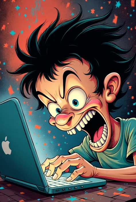 a close up of a cartoon character on a laptop computer, world of madness, madness, mad magazine illustration, by Eddie Mendoza, by John Moonan, rob mcnaughton, by Melissa Benson, by Mandy Jurgens, cool looking, wow, 1024x1024, emotion : madness, hypervivid...