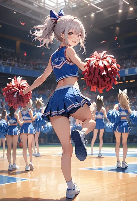 (masterpiece, best quality:1.2), 1girl, full body,from behind,cheerleaders,(pom-pom in both hands:1.3),standing one leg,(raise o...