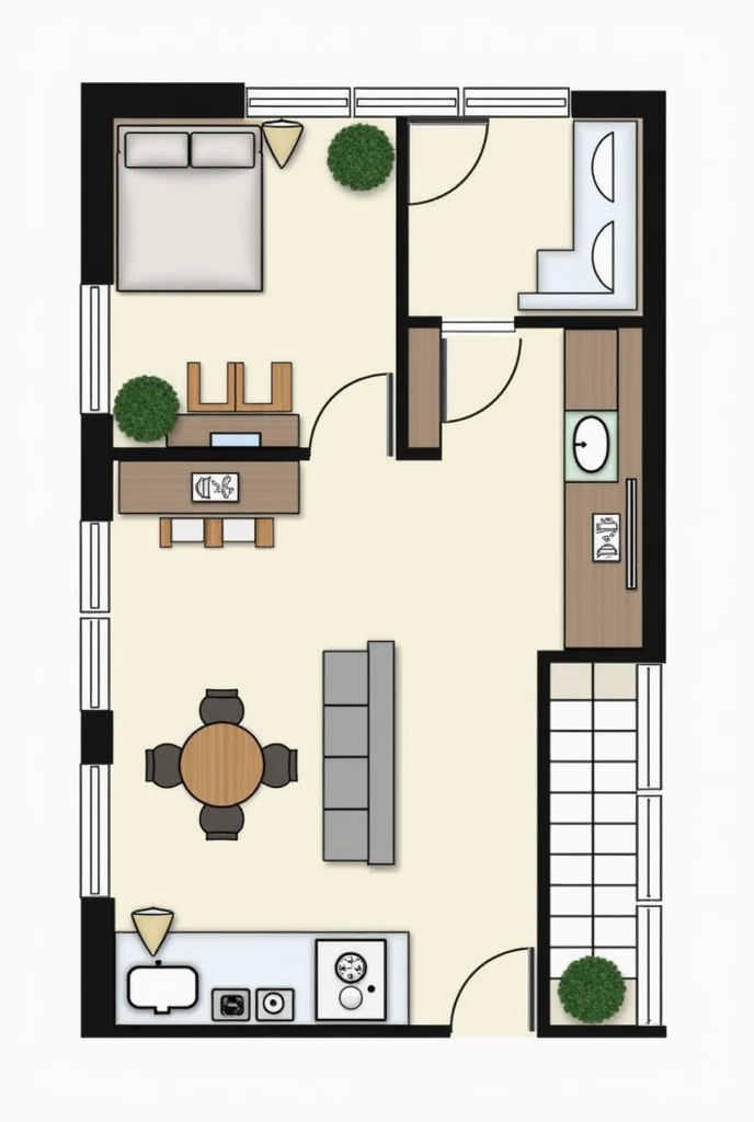 I want to draw an architectural plan for a residential apartment with an area of 6 meters long and 5 meters wide..5 meters with an explanation of each room and writing the area 