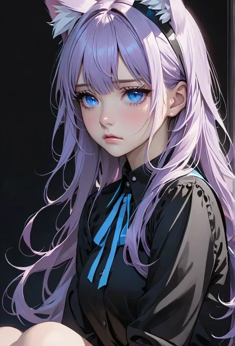 1girl, cat ears, long hair, bangs, light purple hair, gorgeous blue eyes, eyeliner, long lashes, collar, black shirt, sad