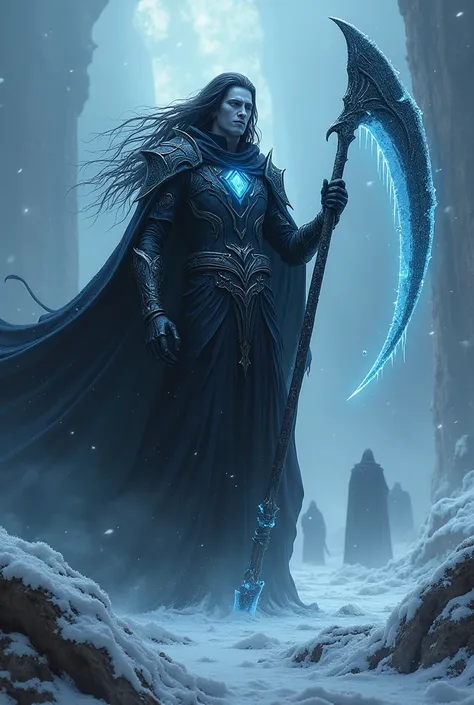 A towering necromancer, shrouded in darkness, wielding a massive scythe that emanates cold death. His form is tall and lean, with an athletic build that exudes power and menace. His skin is a ghostly pale grey, with a light sheen of frost that glistens und...