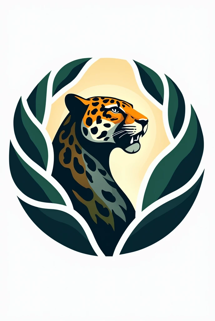 I want a round logo, where the head of a jaguar is the central image and is on its side looking up and superimposed are leaves separated from each other with white flashes between them, simulating hope 