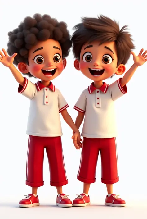 Create a picture of two students, animated mode, cheerful in white polo shirt uniform with red stripes on the sleeves. besides, Red pants with white stripes on the sides and the faith and joy logo in the center and a PNG background 