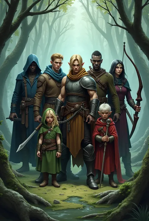 A group of six adventurers standing in a swamp, including; 1 A shadowy male dark elf rogue with a dagger. 2 A male half-elf with blonde hair and a longbow with an arrow nocked. 3 A male gnome wearing green robes wielding a staff with an orange orb. 4 A pow...