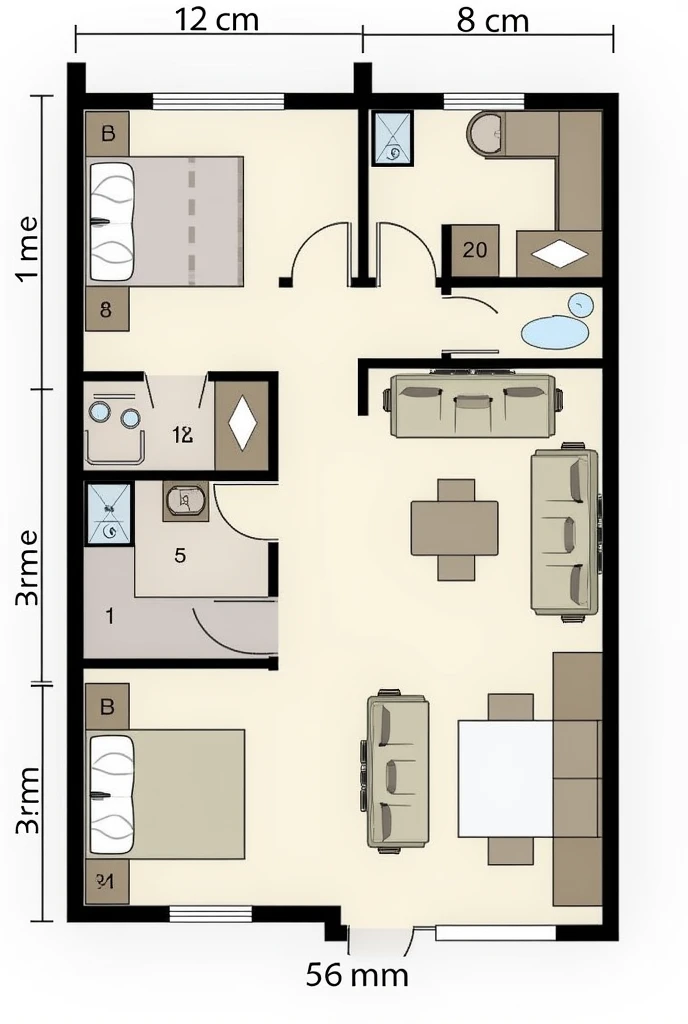 I want to draw an architectural plan for a residential apartment with an area of 6 meters long and 5 meters wide..5 meters with an explanation of each room and writing the area 