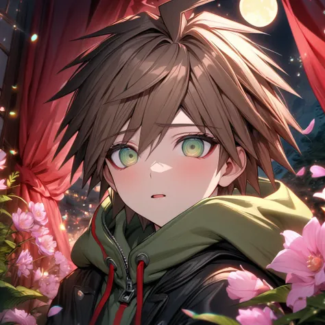 Ultra detailed, highres, absurdres, HDR, master piece, Naegi Makoto, brown hair, expressive teal eyes, black jacket with green hoodie, Danganronpa, solo, pink flowers, petals, moon, sexy man, handsome, best quality, fantasy, magical, close up, pink shining...