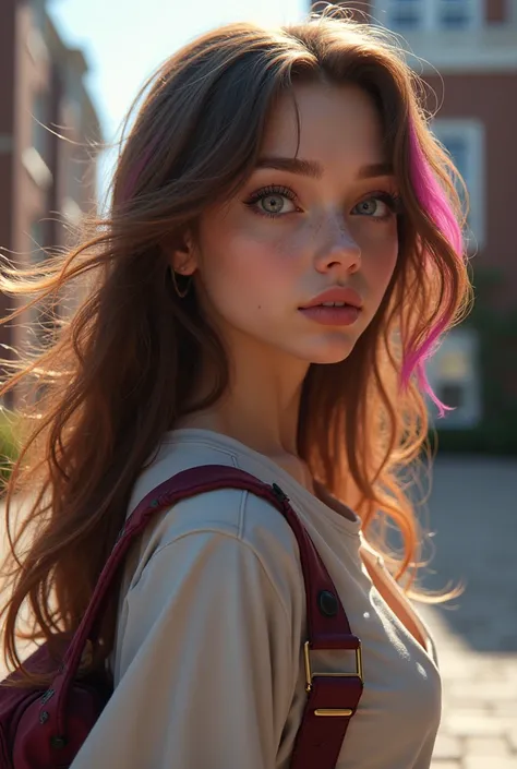 A woman, Brown hair, with pink highlights, White skin, gray and lined eyes, She entering college 