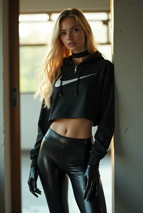 beautiful blonde girl, with latex sportswear, Latex sweatshirt with Nike branding on the chest, latex sports pants, ((latex catsuit under sportswear)), latex gloves, latex collar, posing in a door frame, Sports environment. natural lighting, Awesome images...