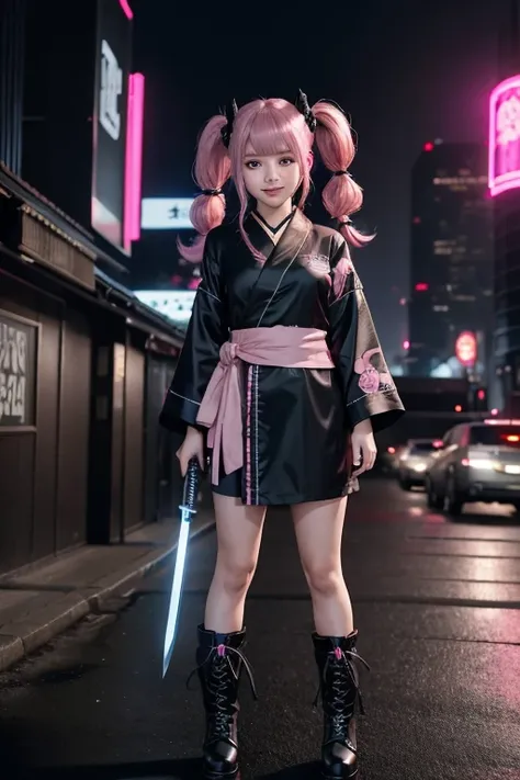 A petite girl with a Western look and beautiful features.　Her face is quietly smiling　Pink hair in twin tails　Black yukata with black frills　Carrying a sword　Dark brown boots　The background is a cyberpunk cityscape　unrealengine5　3DCG　anime