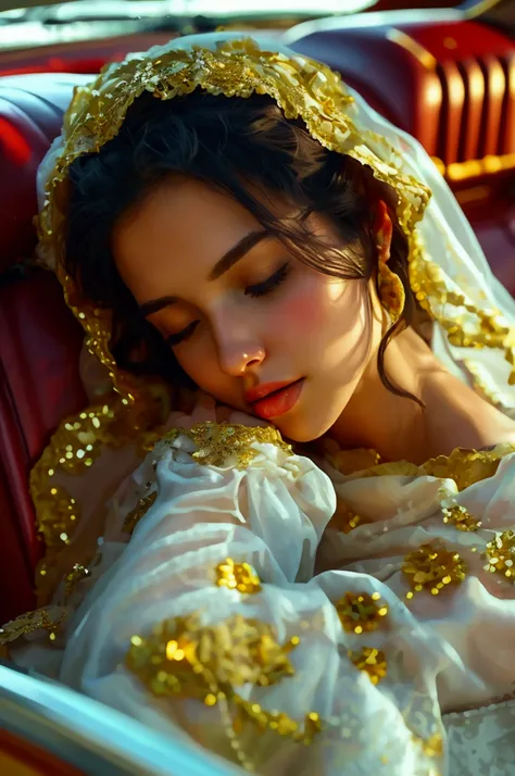 ((masterpiece)), ((Best Quality)), 8k, High Definition, Super detail, (women), (White dress studded with yellow gold trim.), (Scattered golden hair shawl), (expression eyes closed) (Sleeping in a car 1.6) (Full body screen 1.4) La obra de arte es una maste...