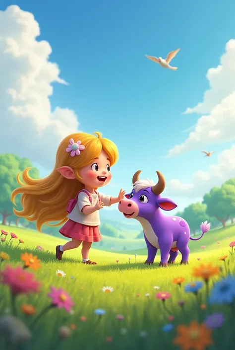 A happy girl next to a purple baby bull in a meadow 