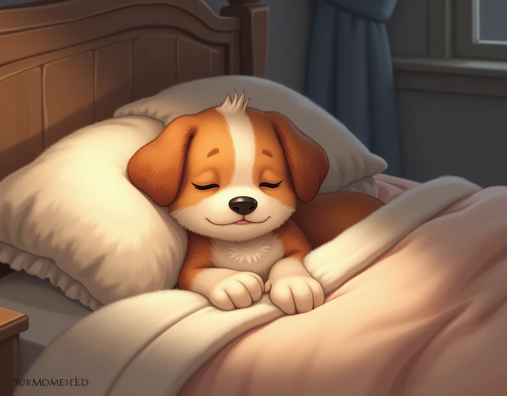 Create a picture of a dog lying in bed with a blanket looking sleepy just waking up 