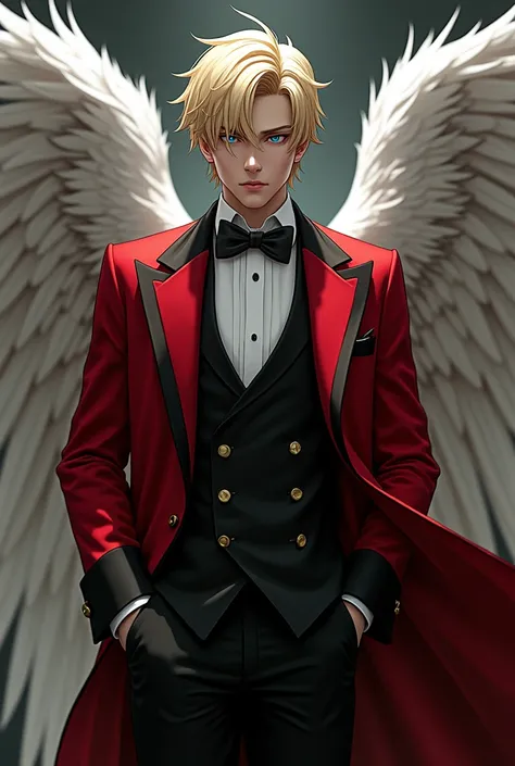 Exu Lucifer , white male , blond , blue colored eyes ,
Classic red and black formal wear , 
angel with wings , comely , o anjo mais comely , realisitic 