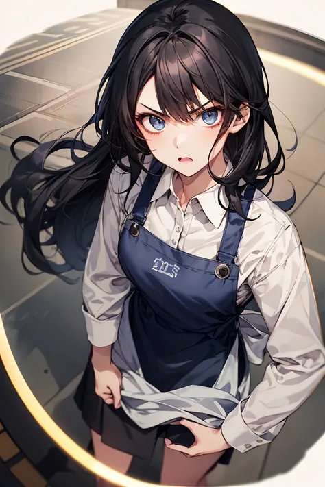 young、Female 1、Beauty（（20-year-old、Large chest、long hair、Black Hair、Dress shirt and tight skirt、Wearing an apron））、photograph、masterpiece、Highest quality、high resolution、Angry、Character Creation、From above、少しFrom above