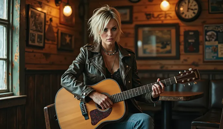 (A blonde woman short hair wearing brown cowboy clothes, punk acessories, holding a acoustic guitar in a country bar), RAW, 8k, DSLR, film grain, Super Detailed, Retina, Masterpiece, character portrait, Cinematic Lighting, Accurate, Ultra High Resolution, ...