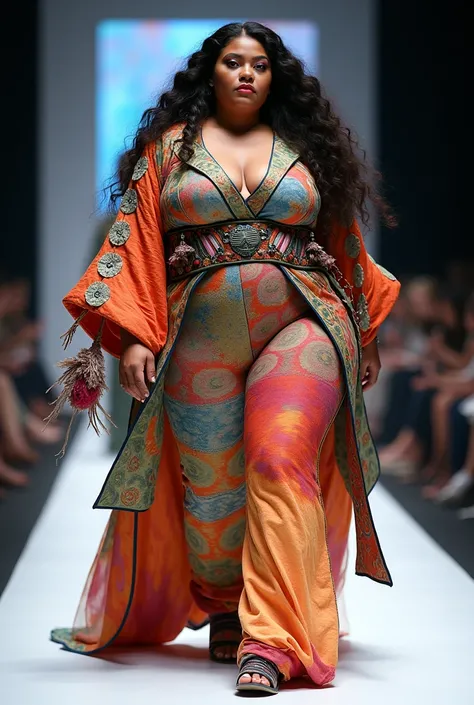 create a runway model wearing something colorful and unique fashion outfit that has not been created and fitted her body, the model must be plus size, hair is long and has volume