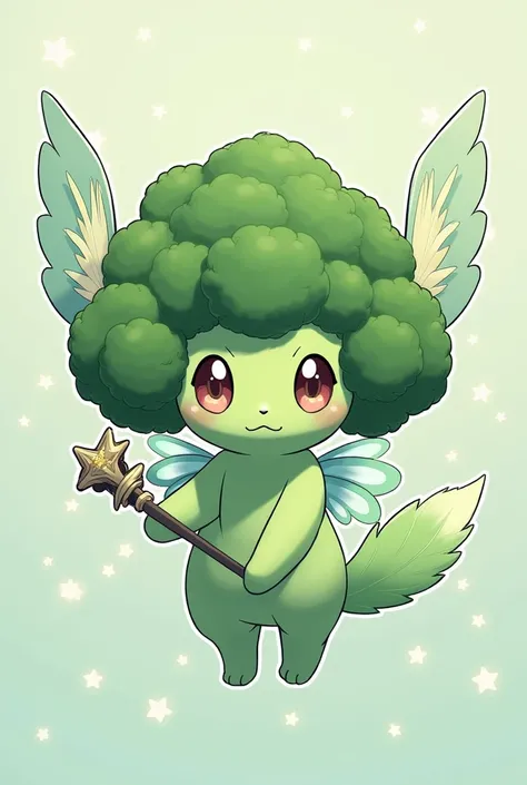 Make a drawing of a Pokemon that is a broccoli with fairy features in the style of the anime art called Pokemon. Make the drawing in the style of how the pictures of Pokemon look on Pokemon cards. Make it as if it were an evolution, a drawing with the face...