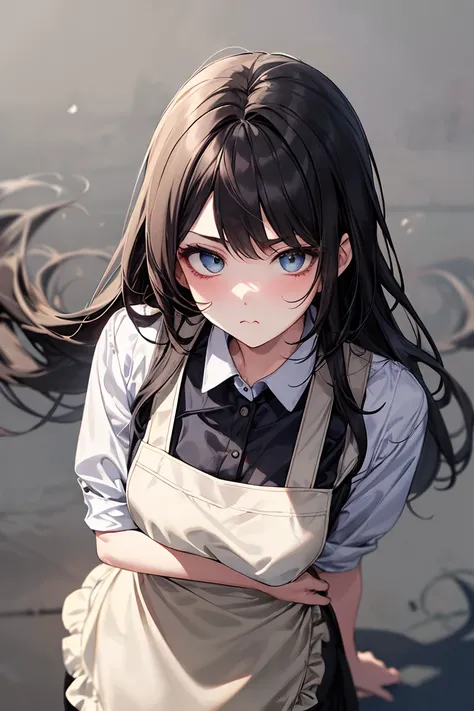 young、Female 1、Beauty（（20-year-old、Large chest、long hair、Black Hair、Dress shirt and tight skirt、Wearing an apron））、photograph、masterpiece、Highest quality、high resolution、Pouting、cute、Face close-up、Character Creation、From above、少しFrom above、White background