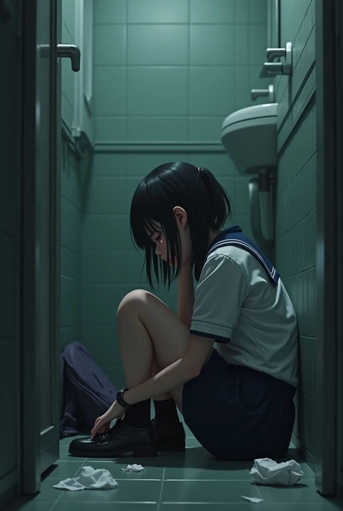 A girl wearing uniform sitting and crying inside the bathroom 