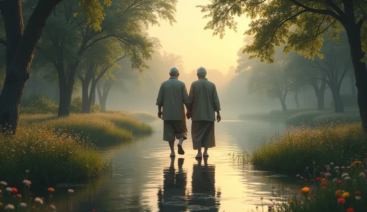 Create an ULTRA REALISTIC image of two elderly people holding hands, walking towards a quiet lake at dusk, surrounded by trees and flowers, symbolizing healing through unity and mutual support. Convey depth in the relationship between people and in the ref...